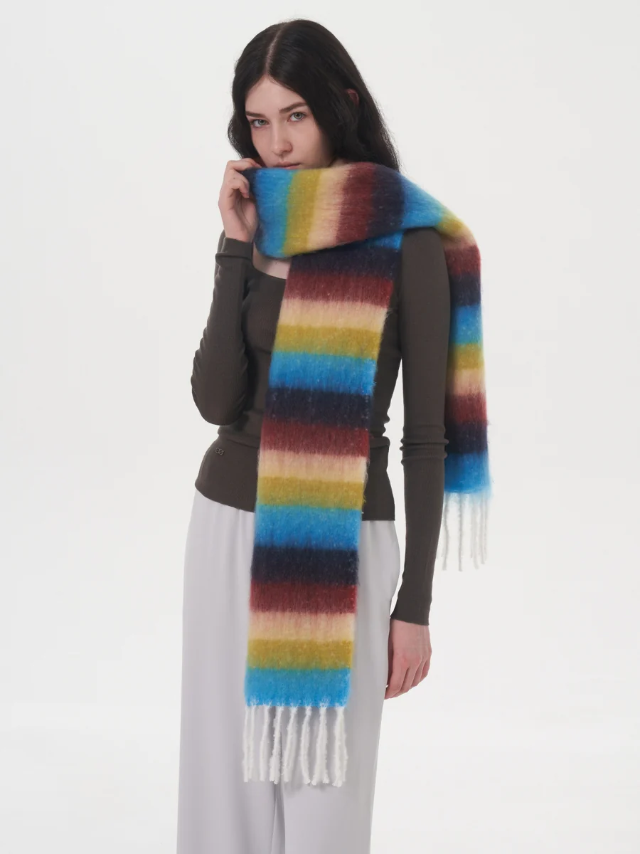 Dopamine Wool Blend Stripe Tassel Blanket Scarf - Blue - Image 7