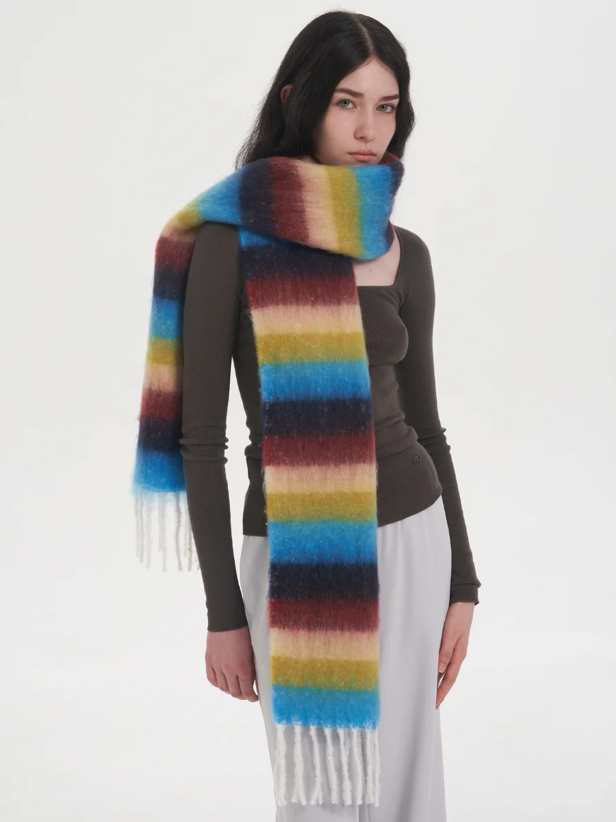 Dopamine Wool Blend Stripe Tassel Blanket Scarf - Blue - Image 8
