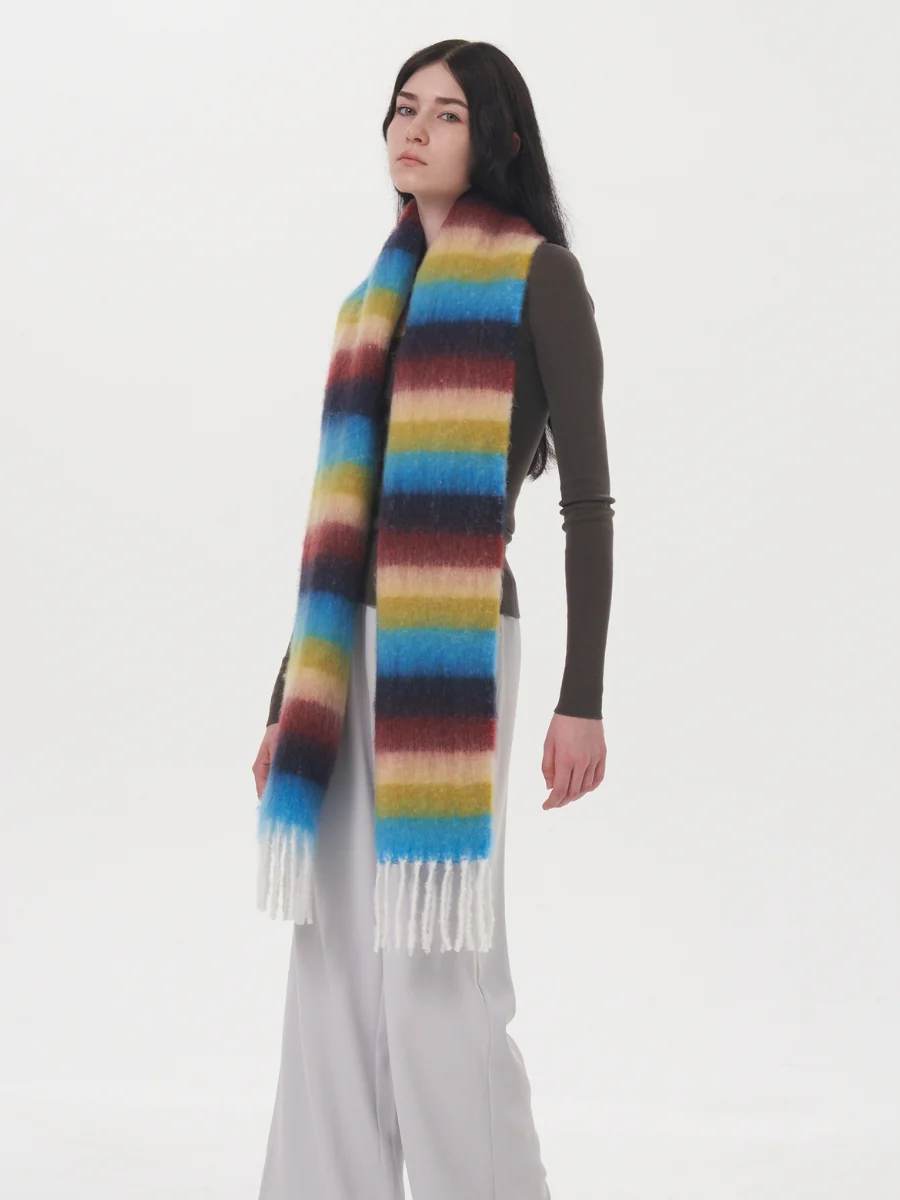 Dopamine Wool Blend Stripe Tassel Blanket Scarf - Blue - Image 9