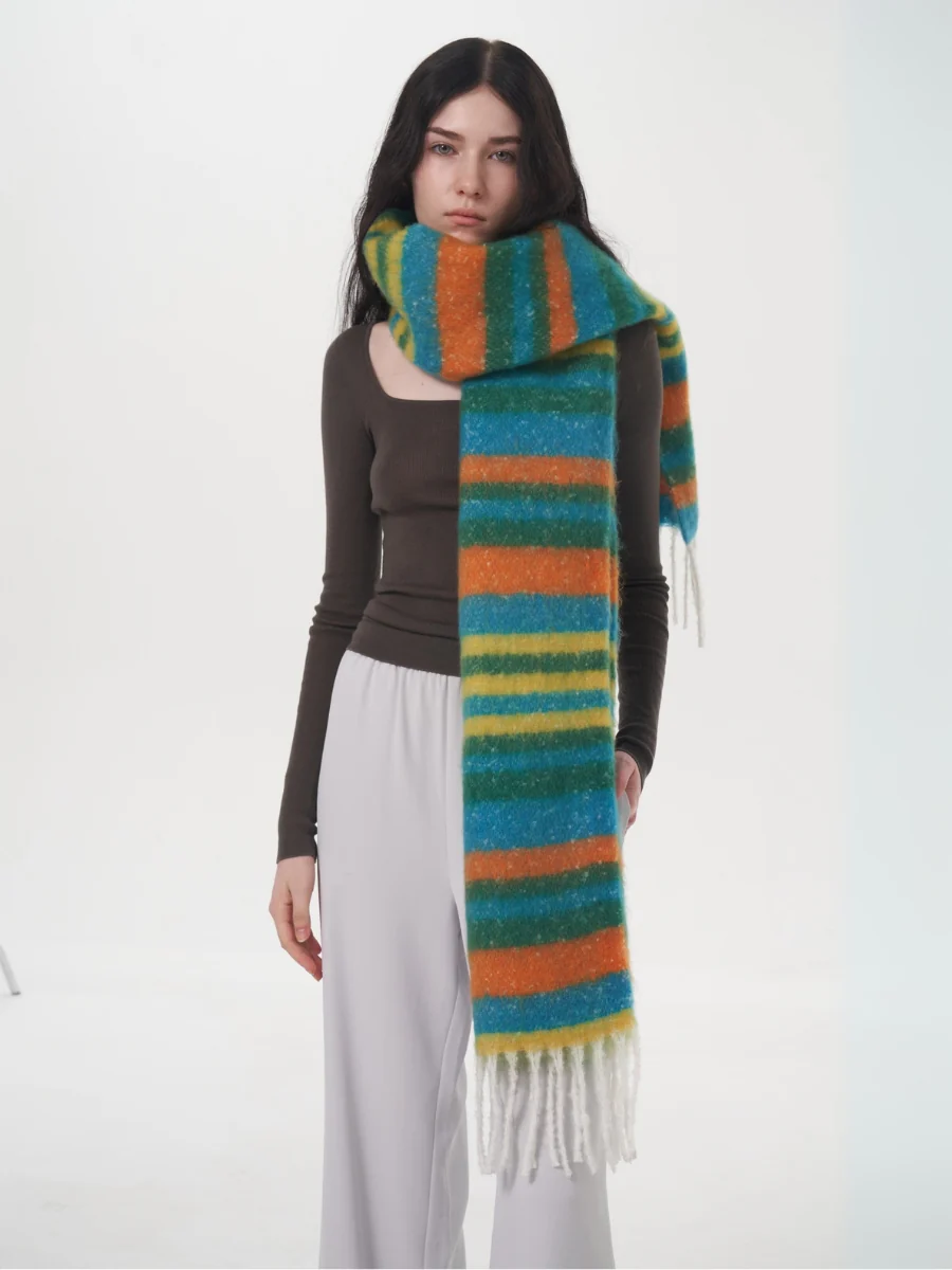 Dopamine Wool Blend Stripe Tassel Blanket Scarf - Green - Image 10