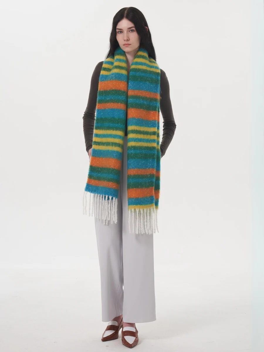 Dopamine Wool Blend Stripe Tassel Blanket Scarf - Green - Image 2