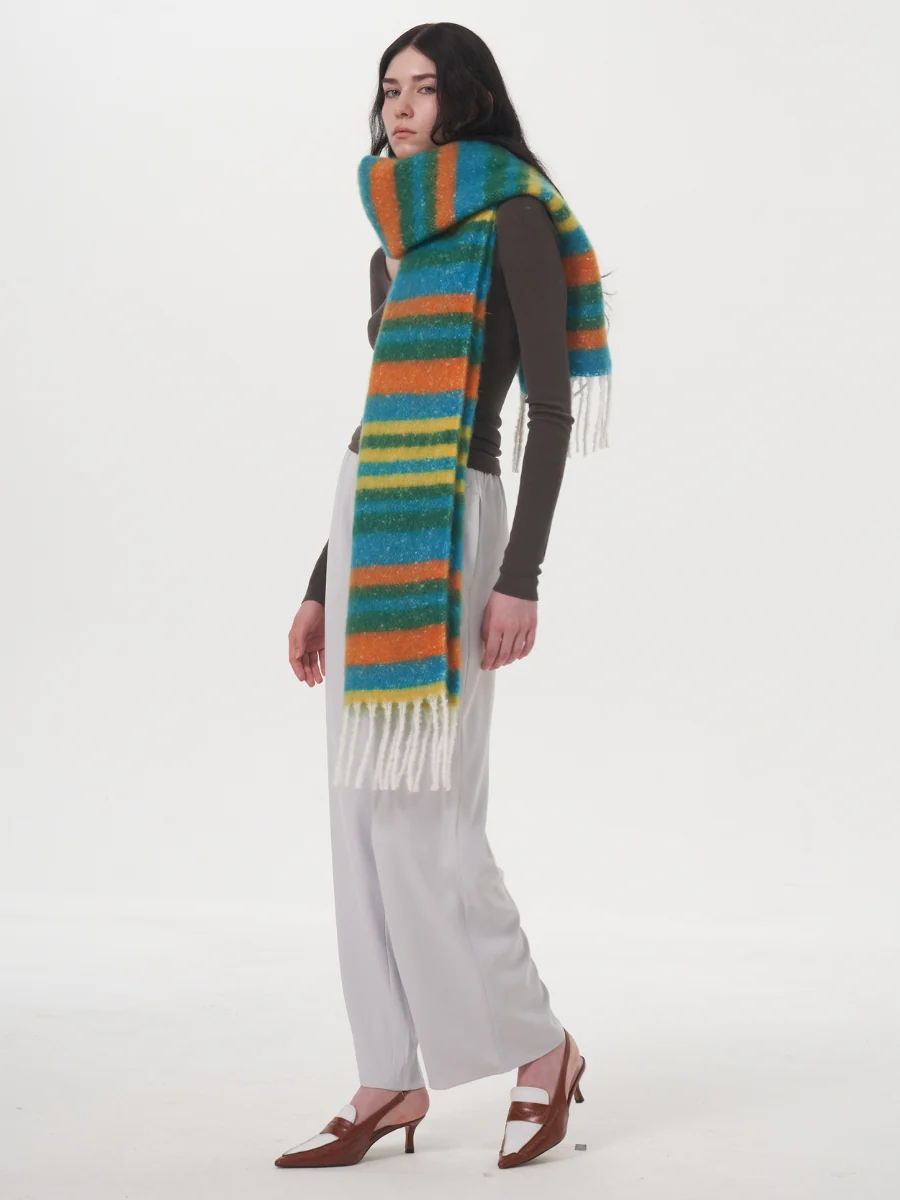 Dopamine Wool Blend Stripe Tassel Blanket Scarf - Green - Image 3