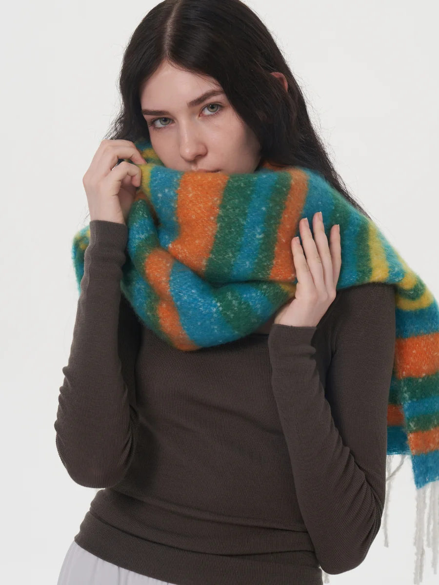 Dopamine Wool Blend Stripe Tassel Blanket Scarf - Green - Image 5