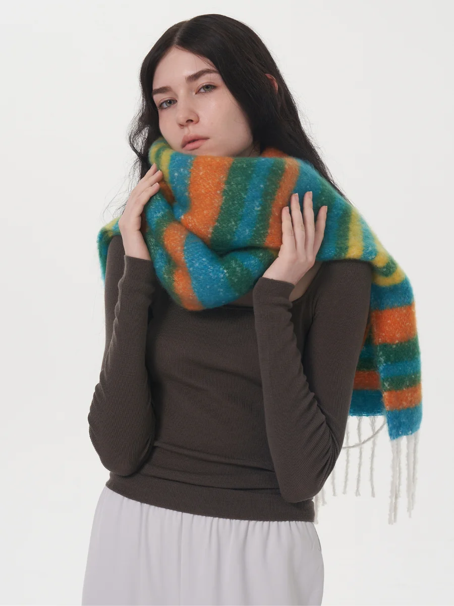 Dopamine Wool Blend Stripe Tassel Blanket Scarf - Green - Image 6