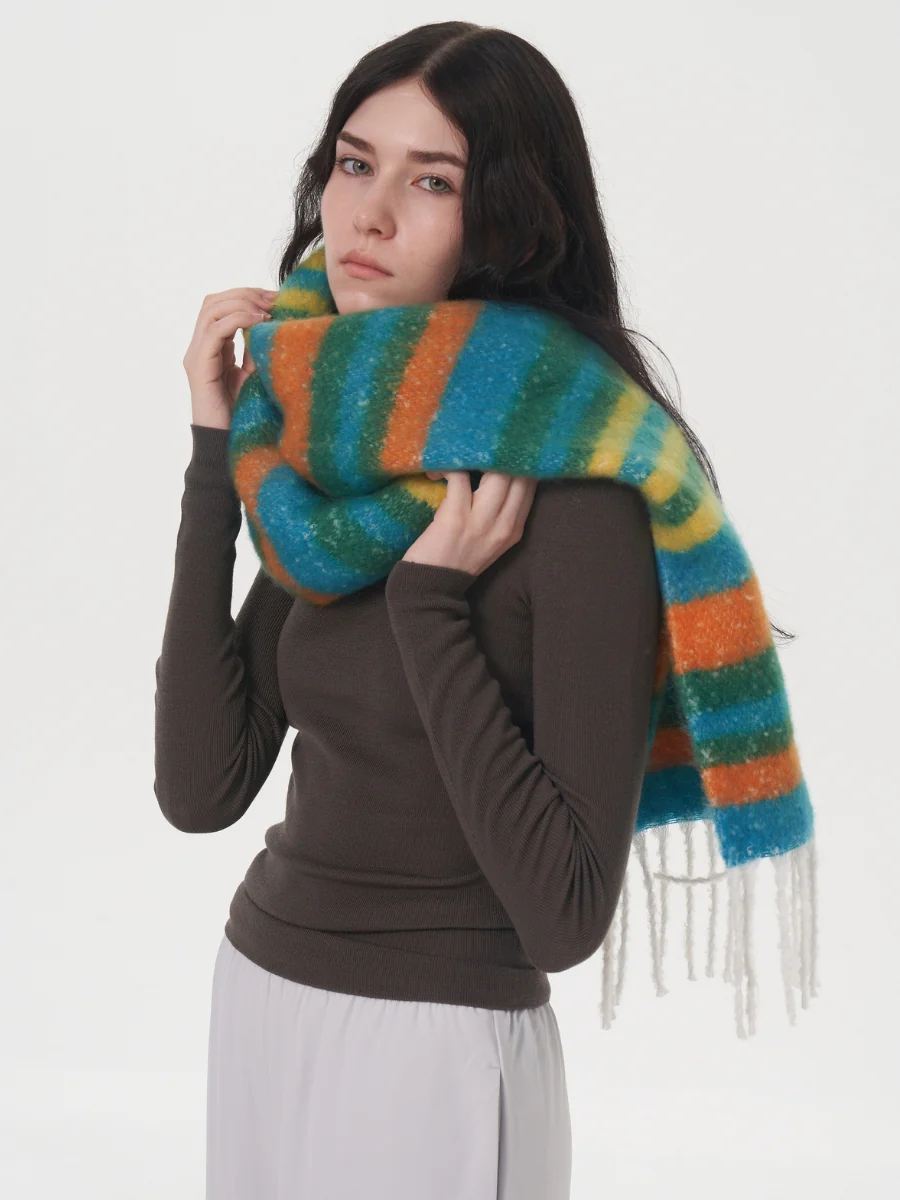 Dopamine Wool Blend Stripe Tassel Blanket Scarf - Green - Image 7