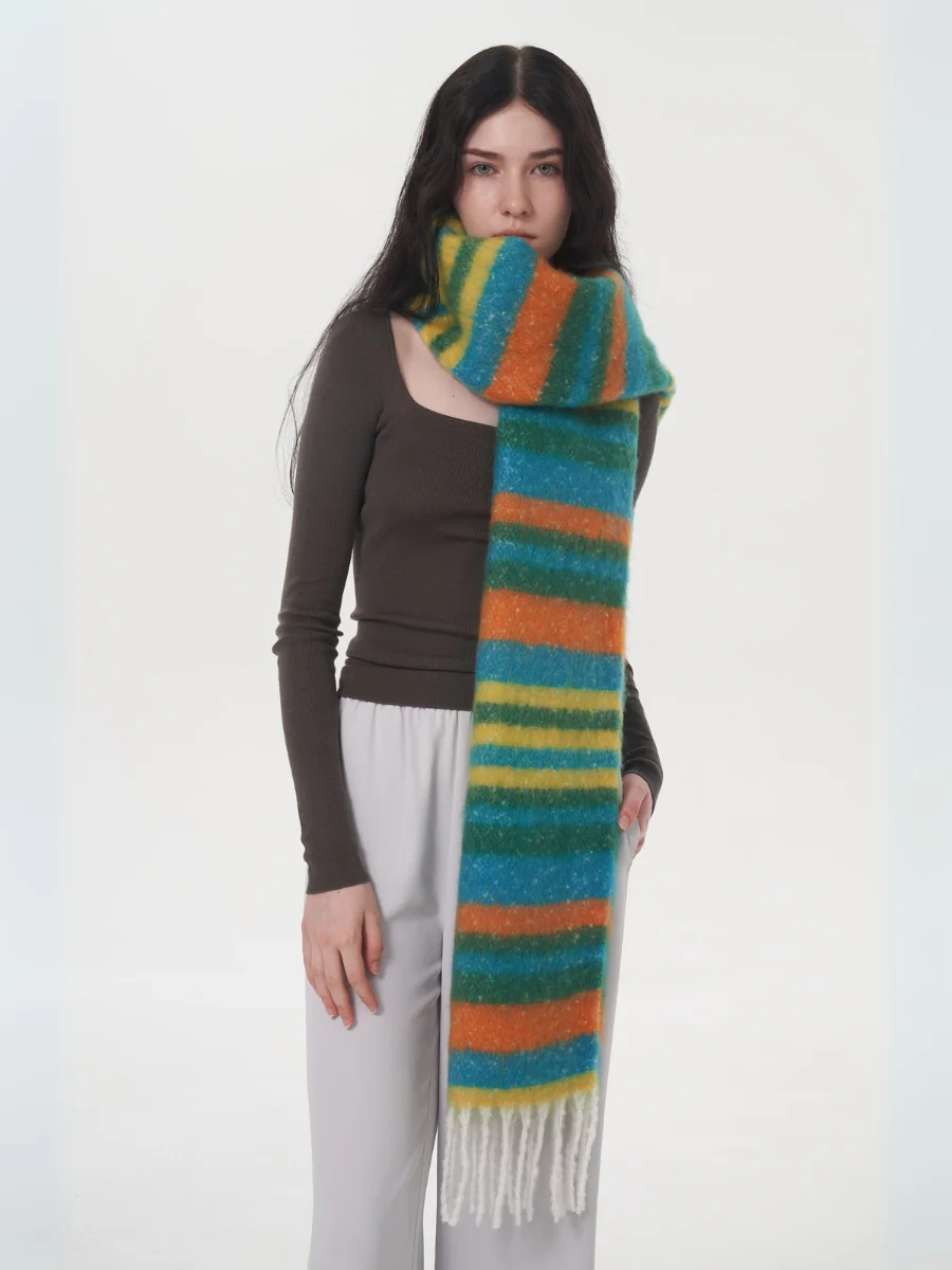 Dopamine Wool Blend Stripe Tassel Blanket Scarf - Green - Image 8