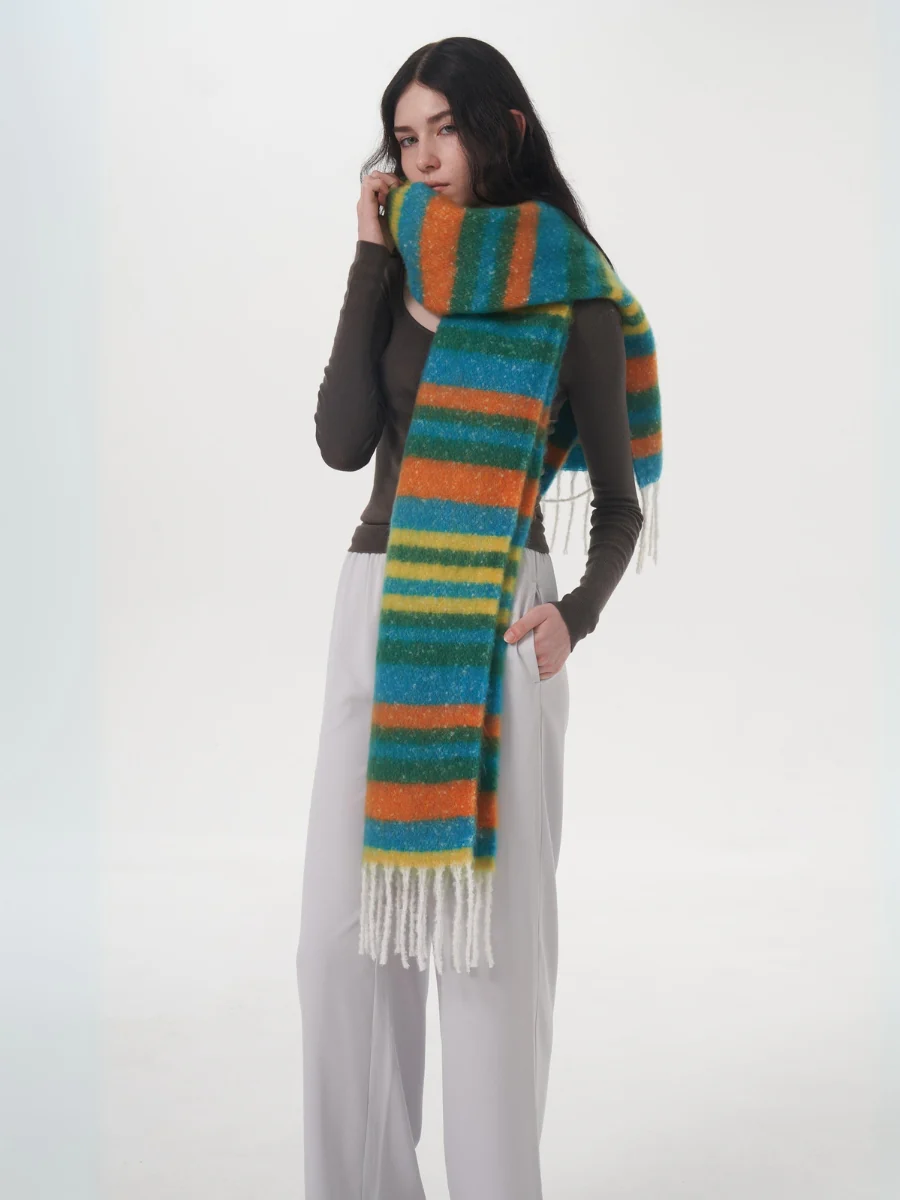 Dopamine Wool Blend Stripe Tassel Blanket Scarf - Green - Image 9