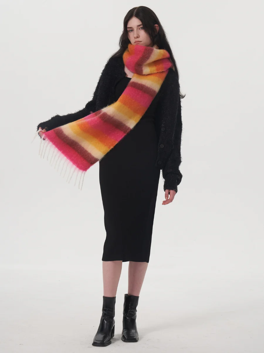Dopamine Wool Blend Stripe Tassel Blanket Scarf - Orange - Image 10