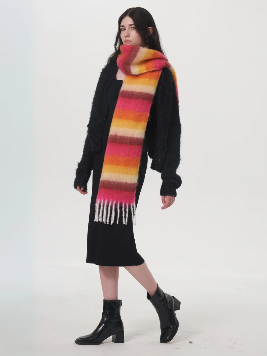 Dopamine Wool Blend Stripe Tassel Blanket Scarf - Orange - Image 11