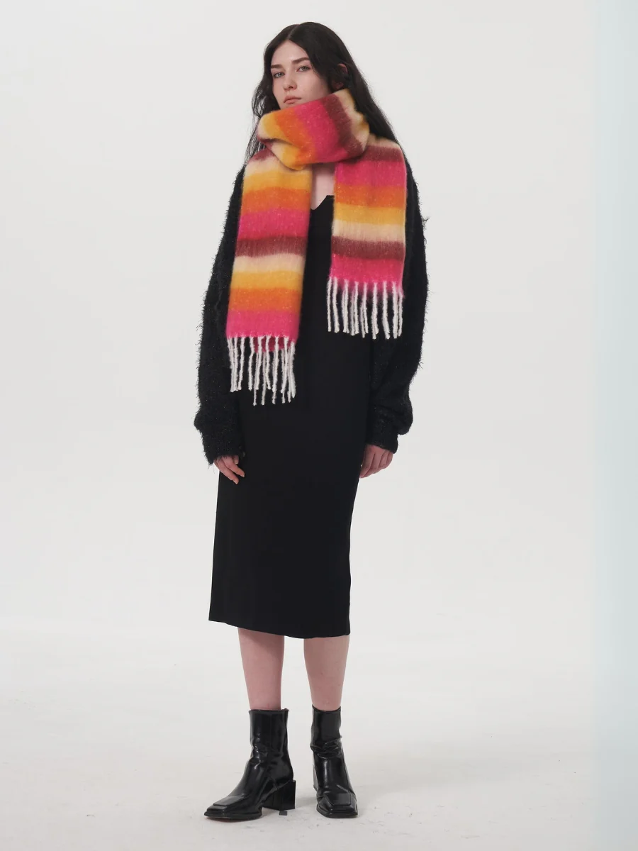 Dopamine Wool Blend Stripe Tassel Blanket Scarf - Orange - Image 12