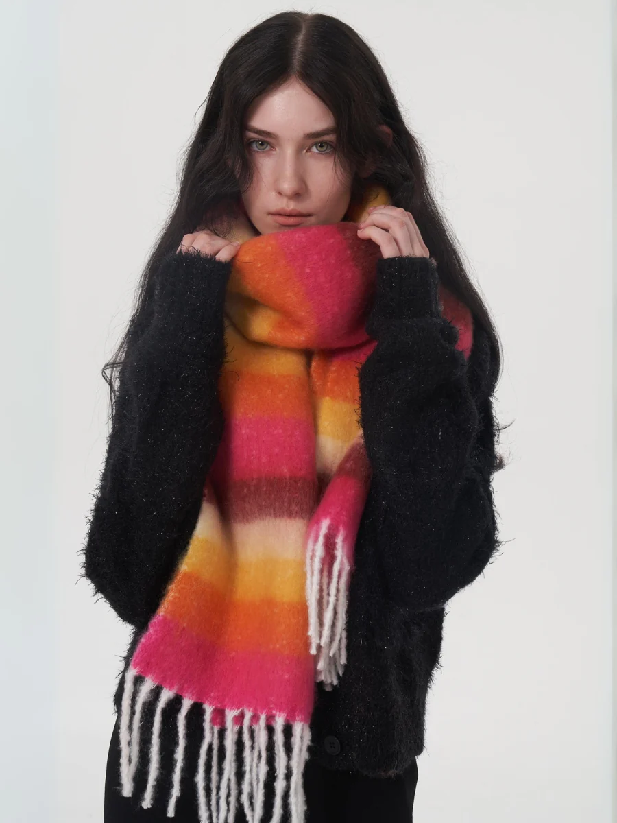 Dopamine Wool Blend Stripe Tassel Blanket Scarf - Orange - Image 2