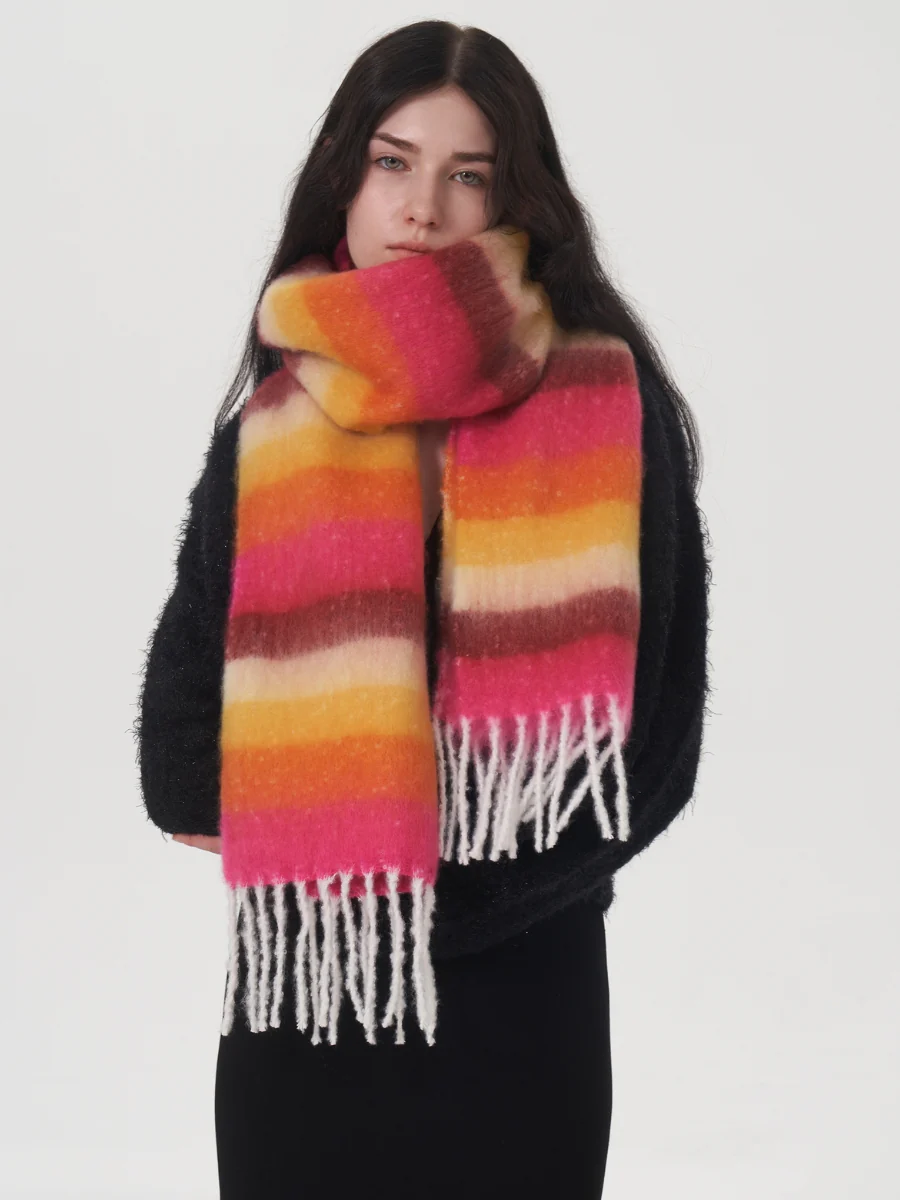 Dopamine Wool Blend Stripe Tassel Blanket Scarf - Orange - Image 3