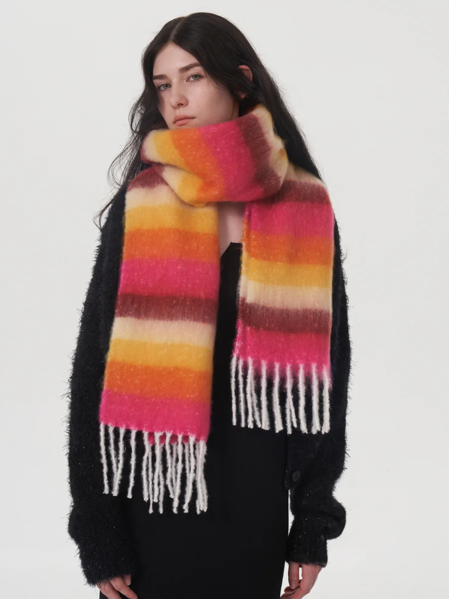 Dopamine Wool Blend Stripe Tassel Blanket Scarf - Orange - Image 4