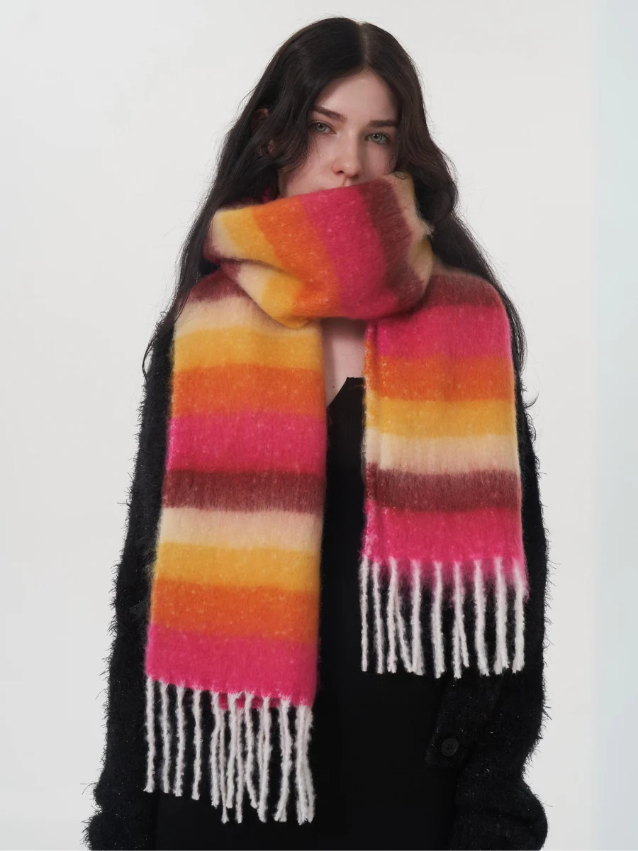 Dopamine Wool Blend Stripe Tassel Blanket Scarf - Orange - Image 5