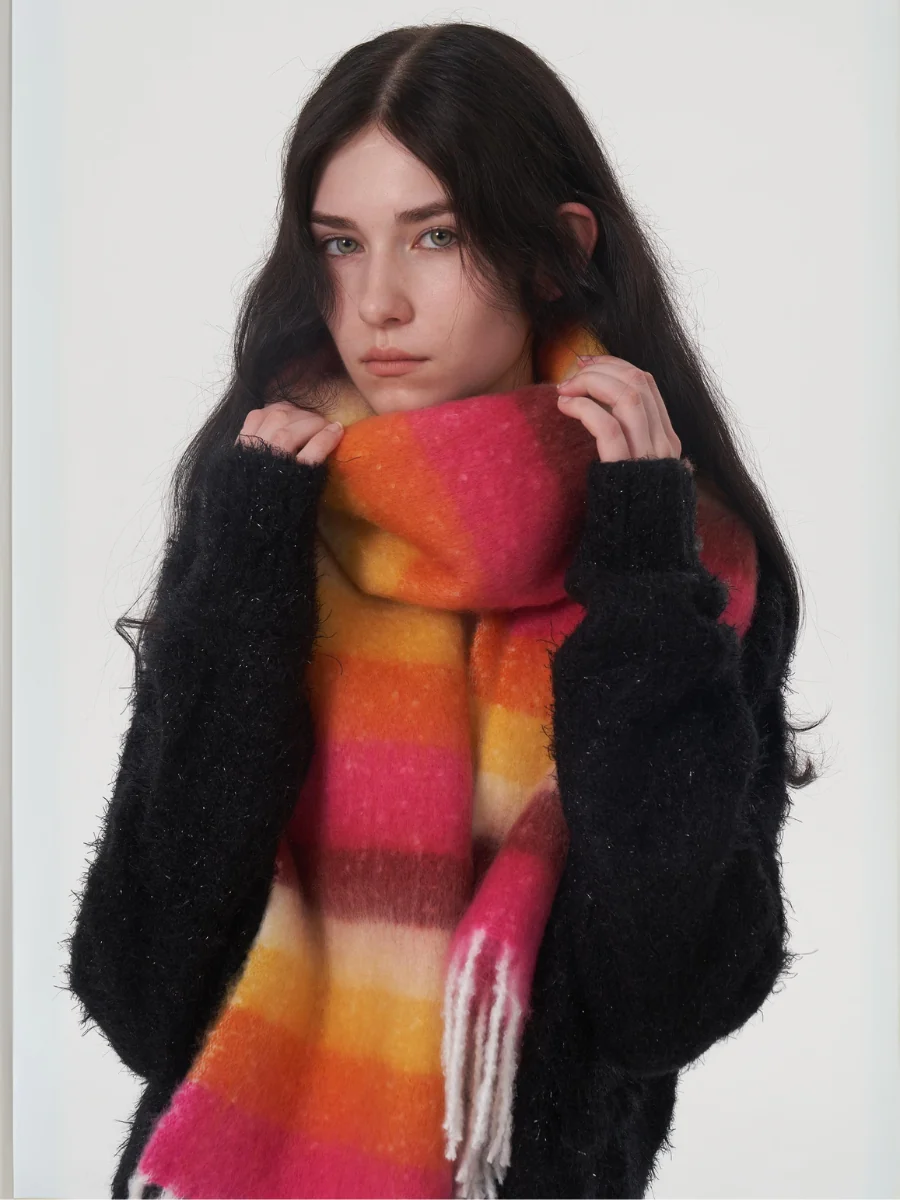 Dopamine Wool Blend Stripe Tassel Blanket Scarf - Orange - Image 6