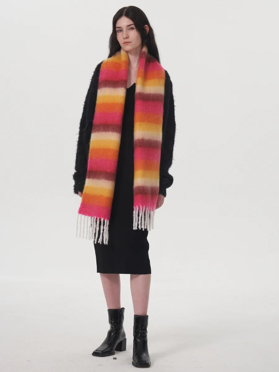 Dopamine Wool Blend Stripe Tassel Blanket Scarf - Orange - Image 7