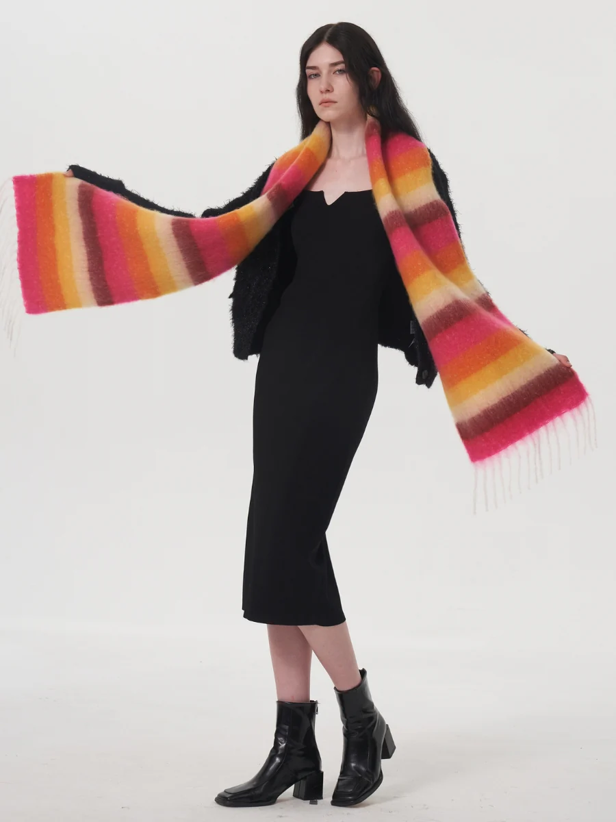 Dopamine Wool Blend Stripe Tassel Blanket Scarf - Orange - Image 8