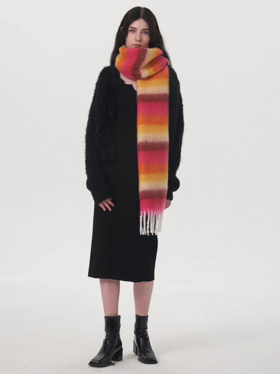 Dopamine Wool Blend Stripe Tassel Blanket Scarf - Orange - Image 9