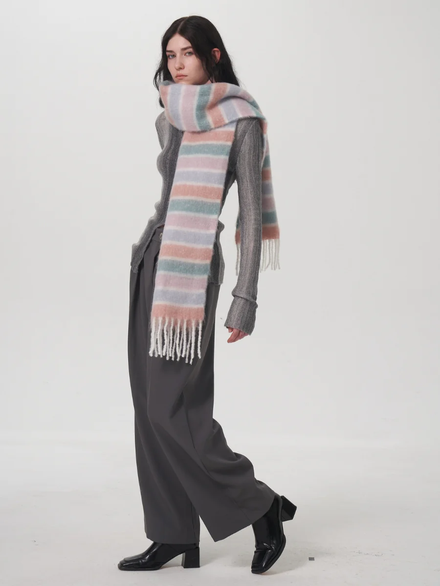Dopamine Wool Blend Stripe Tassel Blanket Scarf - Pink - Image 10
