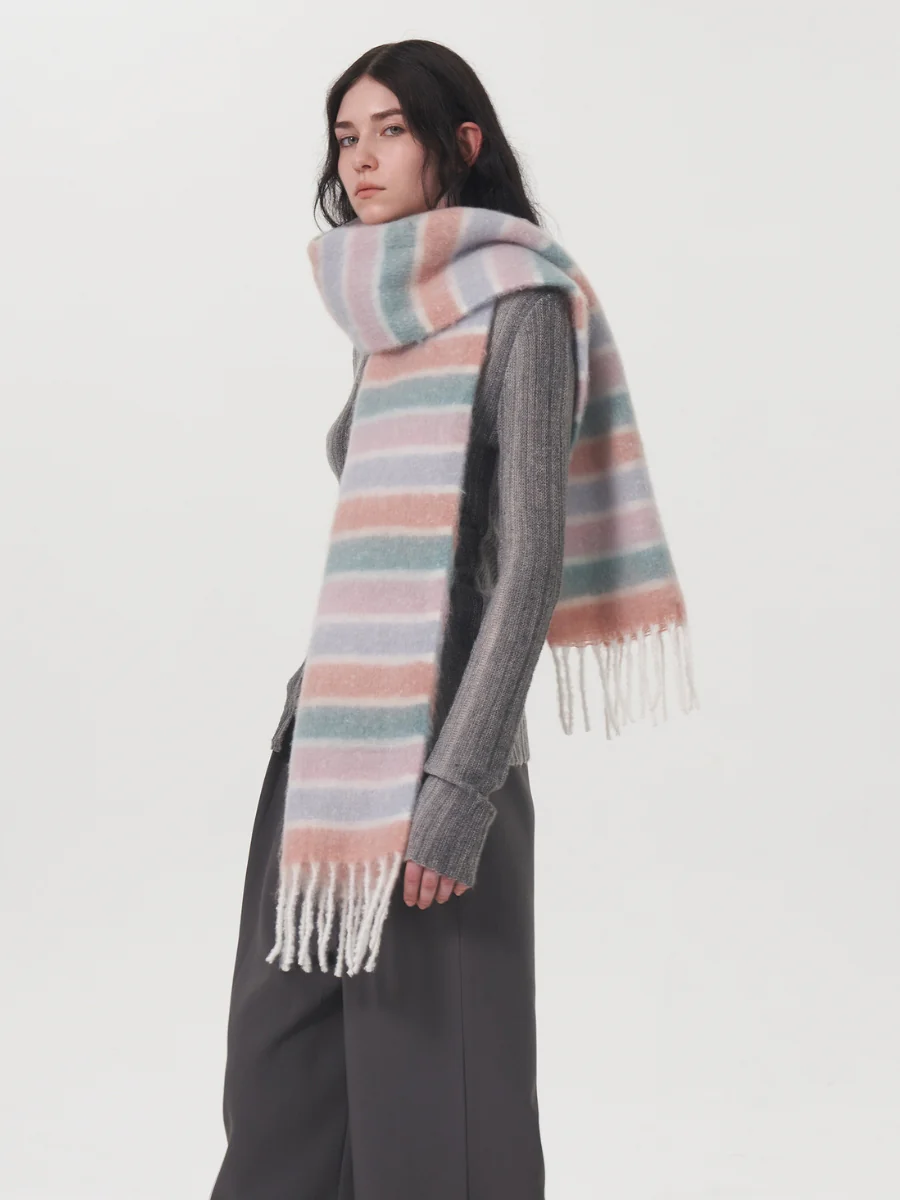 Dopamine Wool Blend Stripe Tassel Blanket Scarf - Pink - Image 11