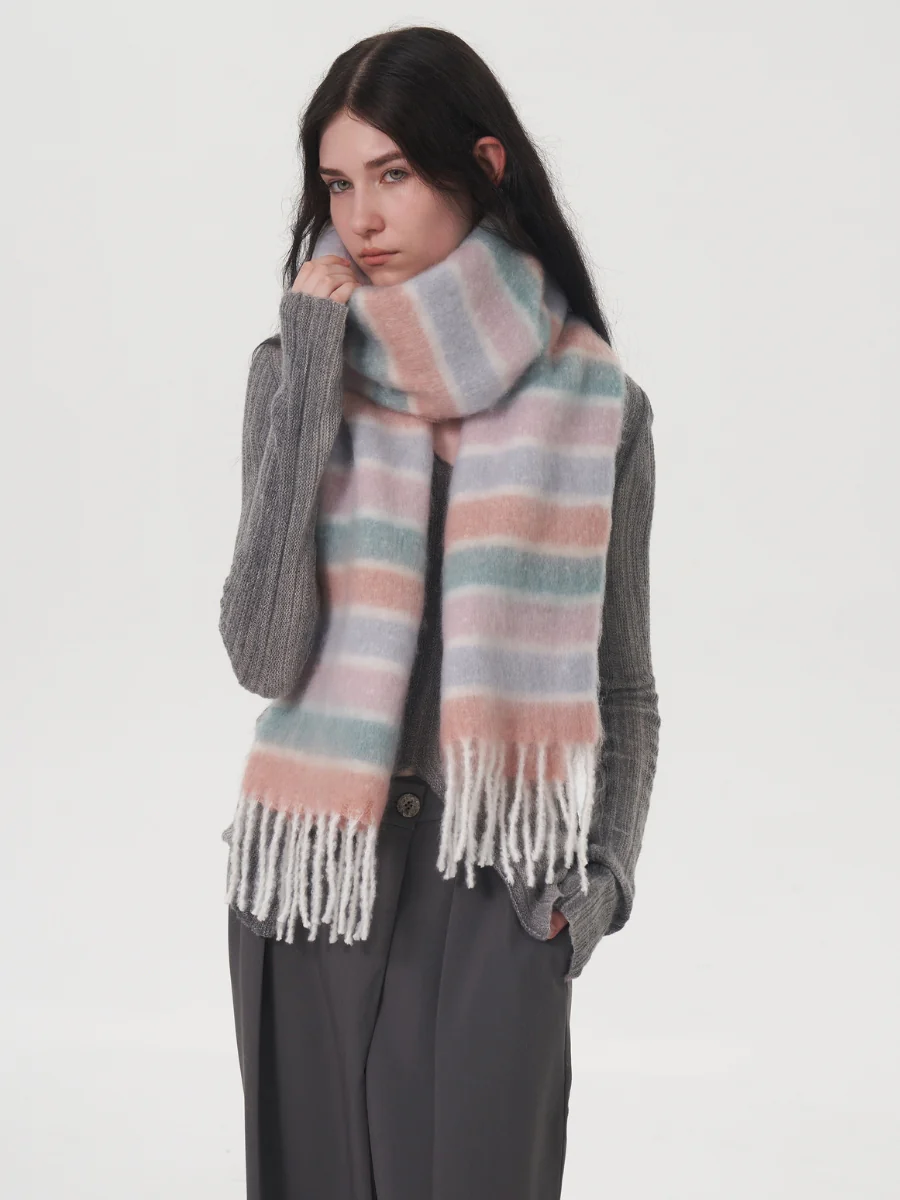 Dopamine Wool Blend Stripe Tassel Blanket Scarf - Pink - Image 12
