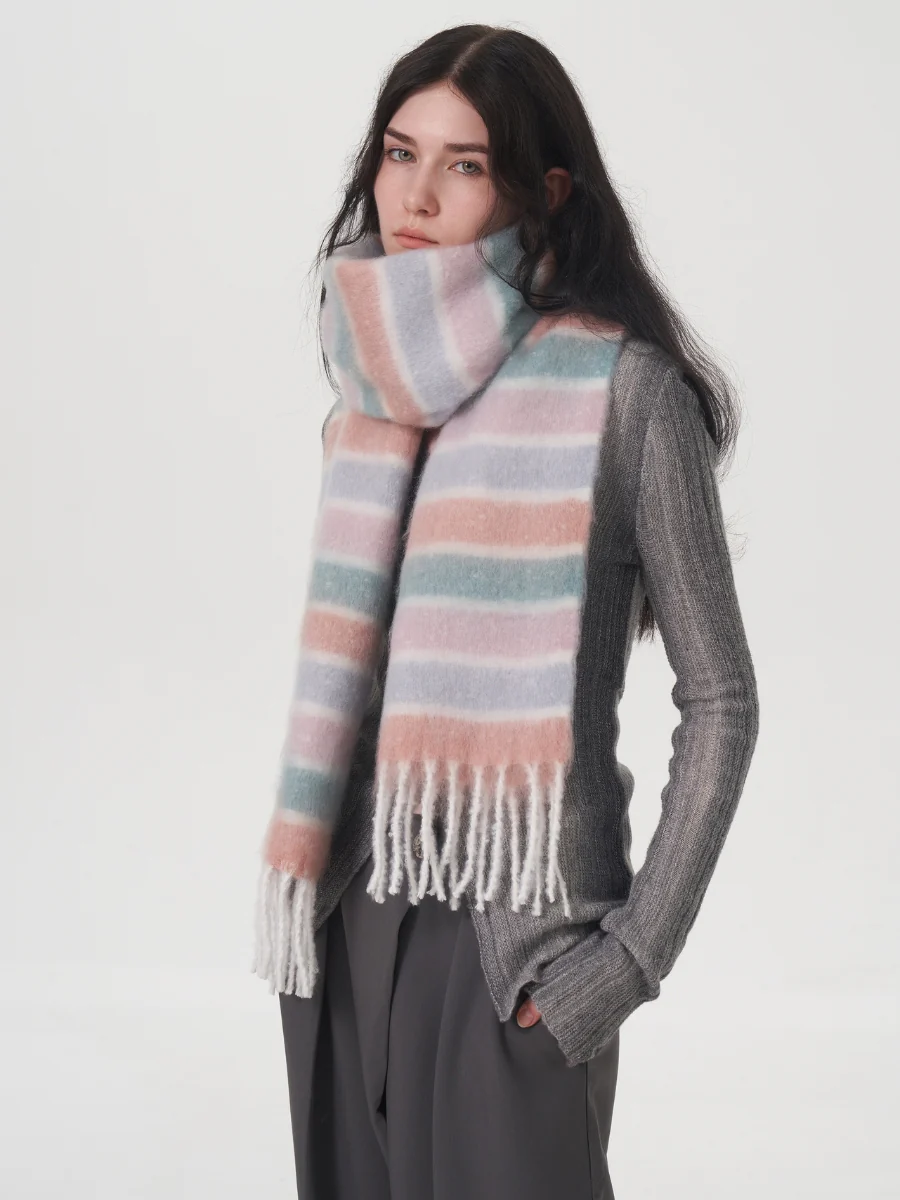 Dopamine Wool Blend Stripe Tassel Blanket Scarf - Pink - Image 2