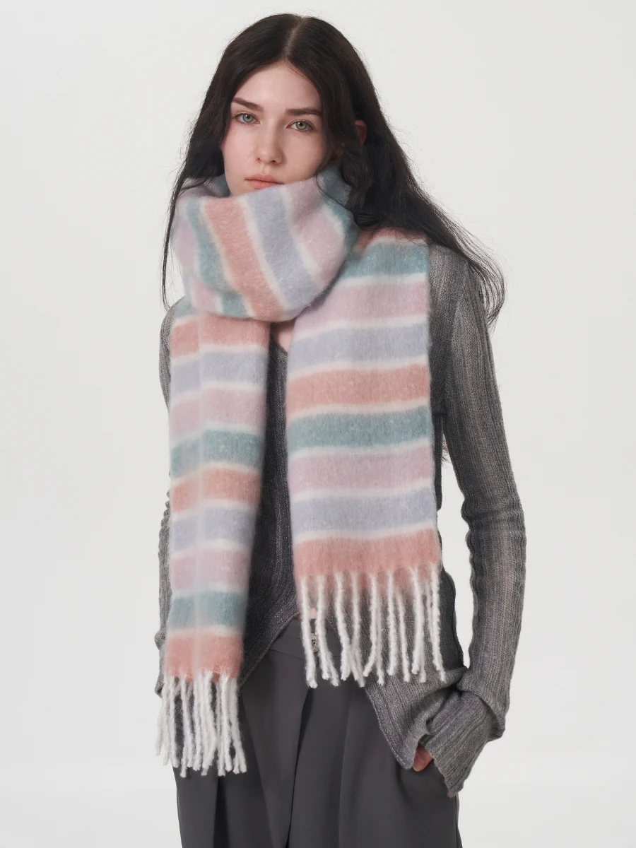 Dopamine Wool Blend Stripe Tassel Blanket Scarf - Pink - Image 3