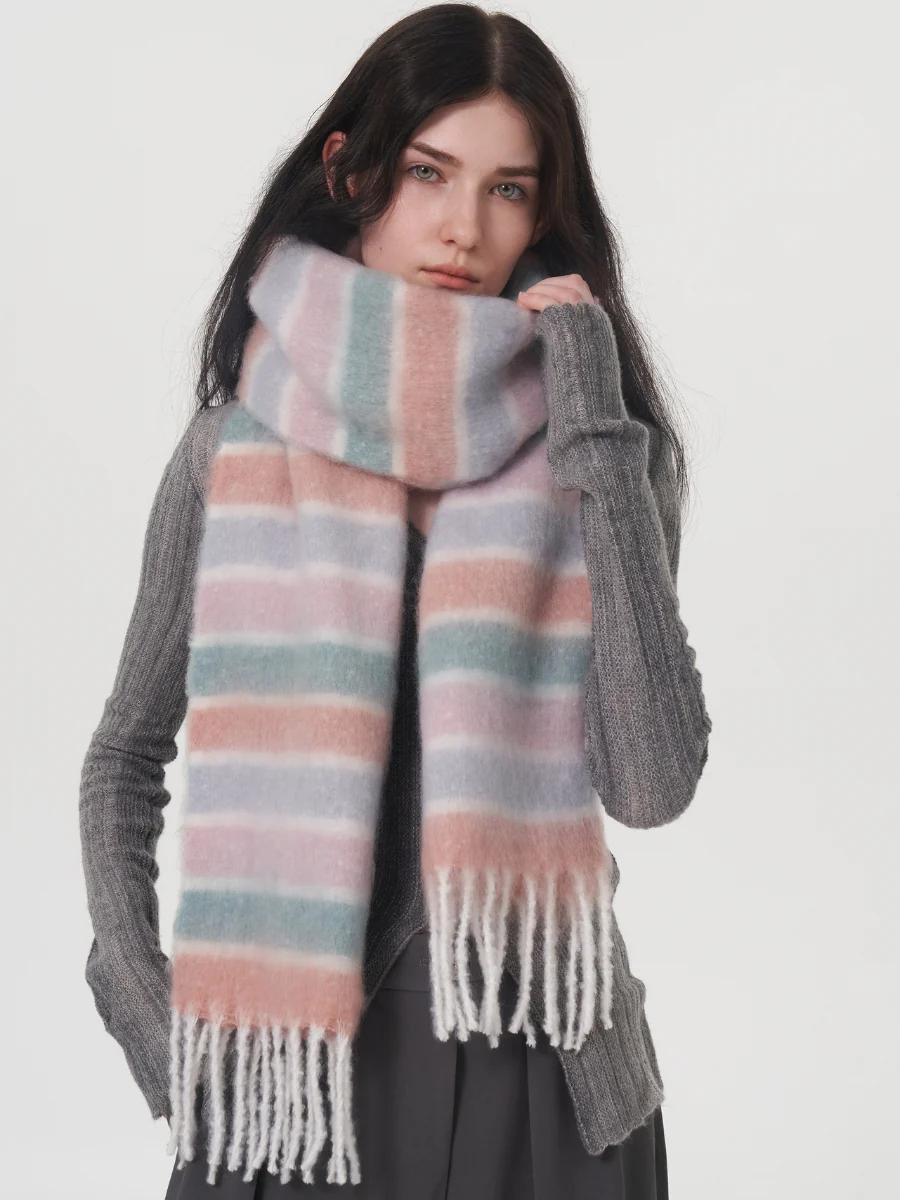 Dopamine Wool Blend Stripe Tassel Blanket Scarf - Pink - Image 4