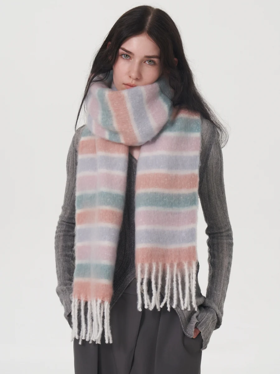 Dopamine Wool Blend Stripe Tassel Blanket Scarf - Pink - Image 5