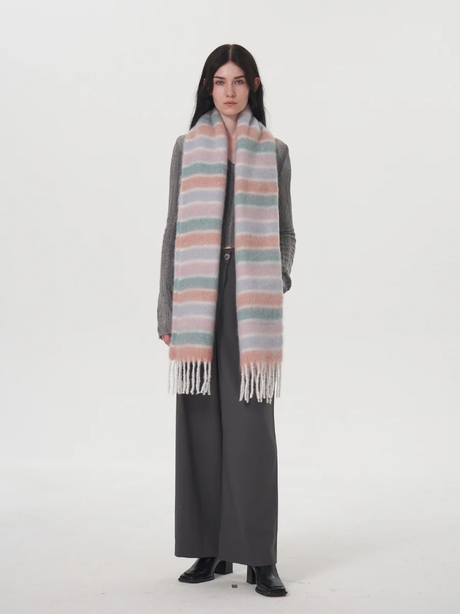 Dopamine Wool Blend Stripe Tassel Blanket Scarf - Pink - Image 6