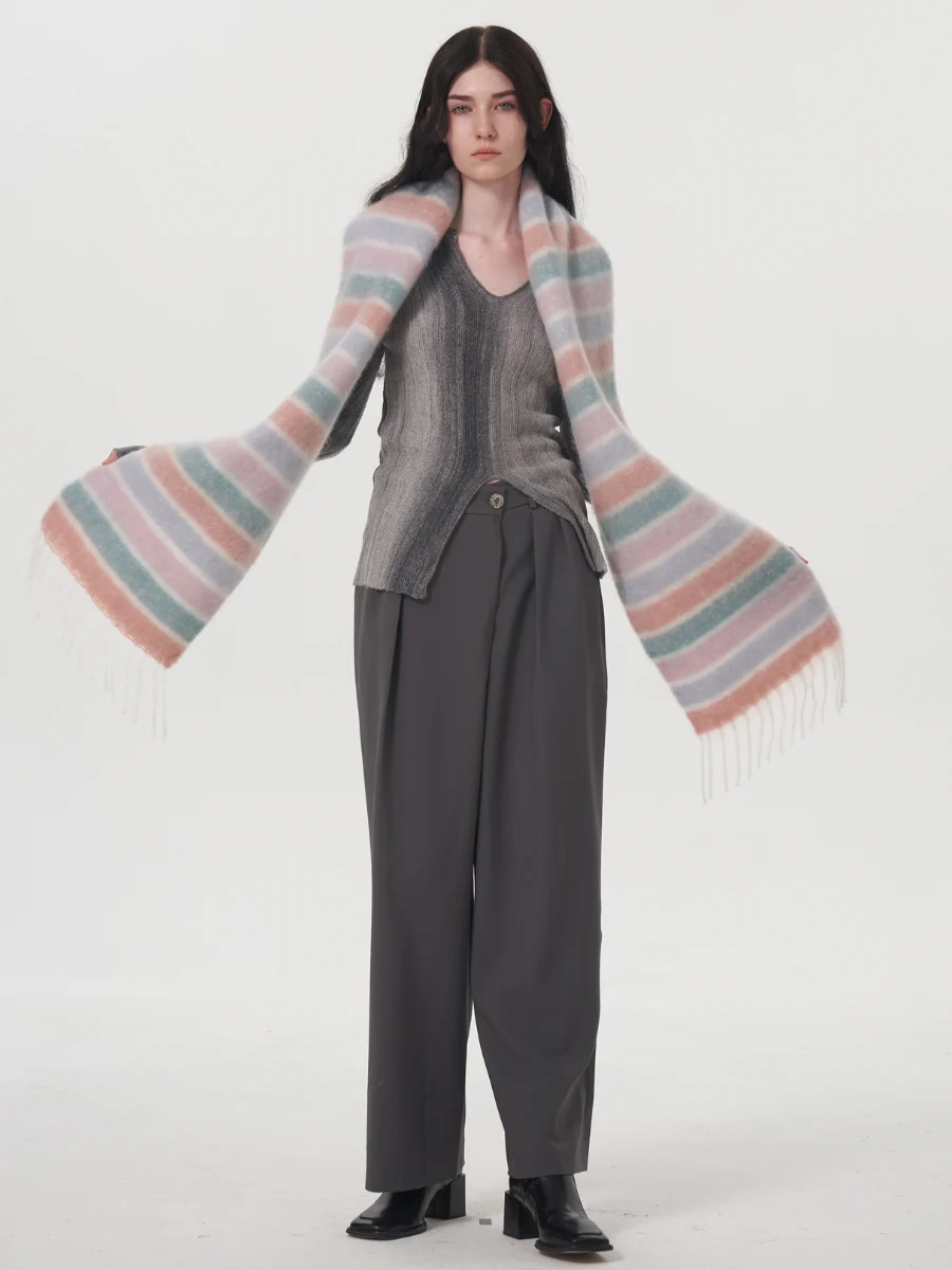 Dopamine Wool Blend Stripe Tassel Blanket Scarf - Pink - Image 7