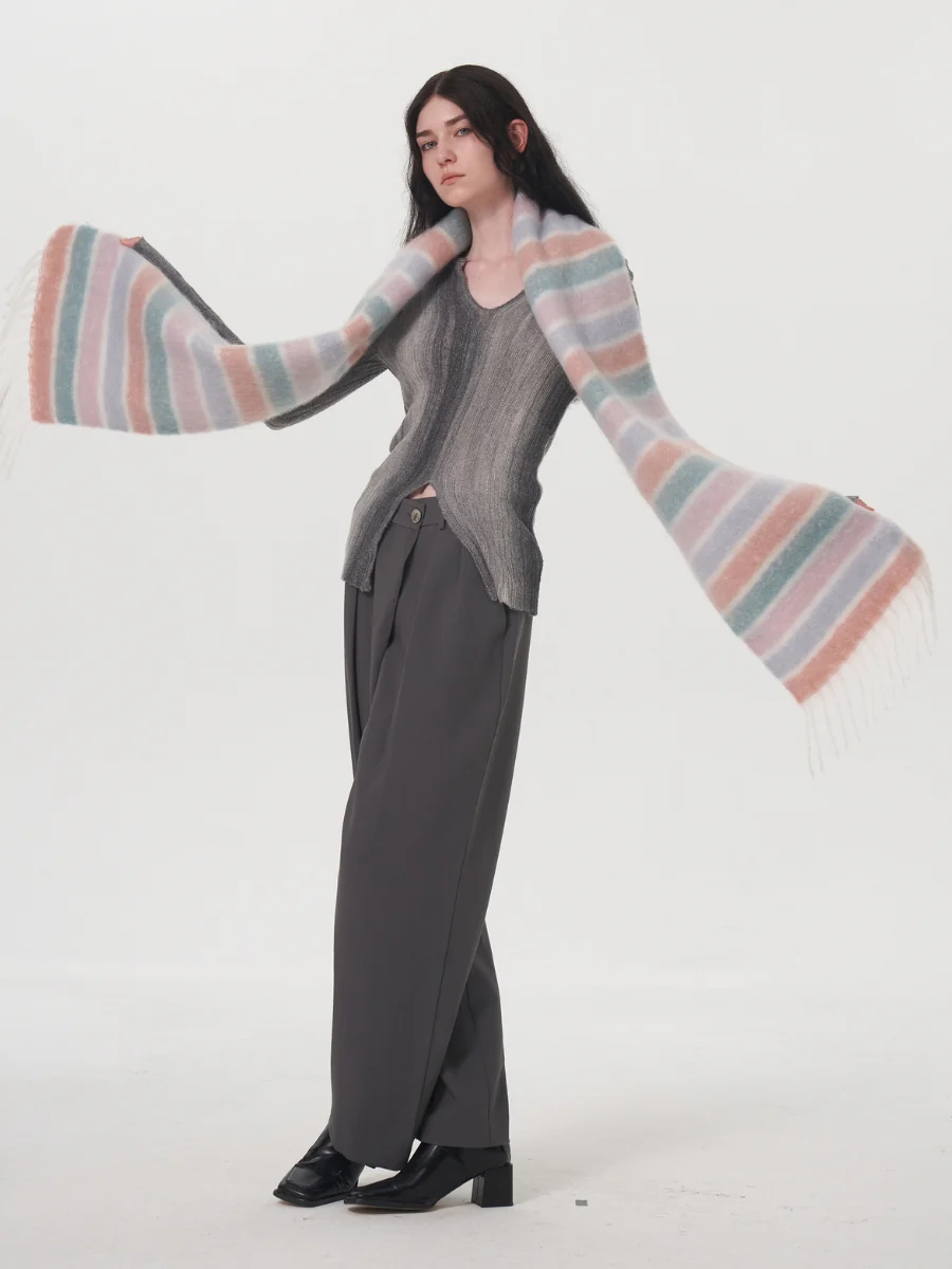 Dopamine Wool Blend Stripe Tassel Blanket Scarf - Pink - Image 8