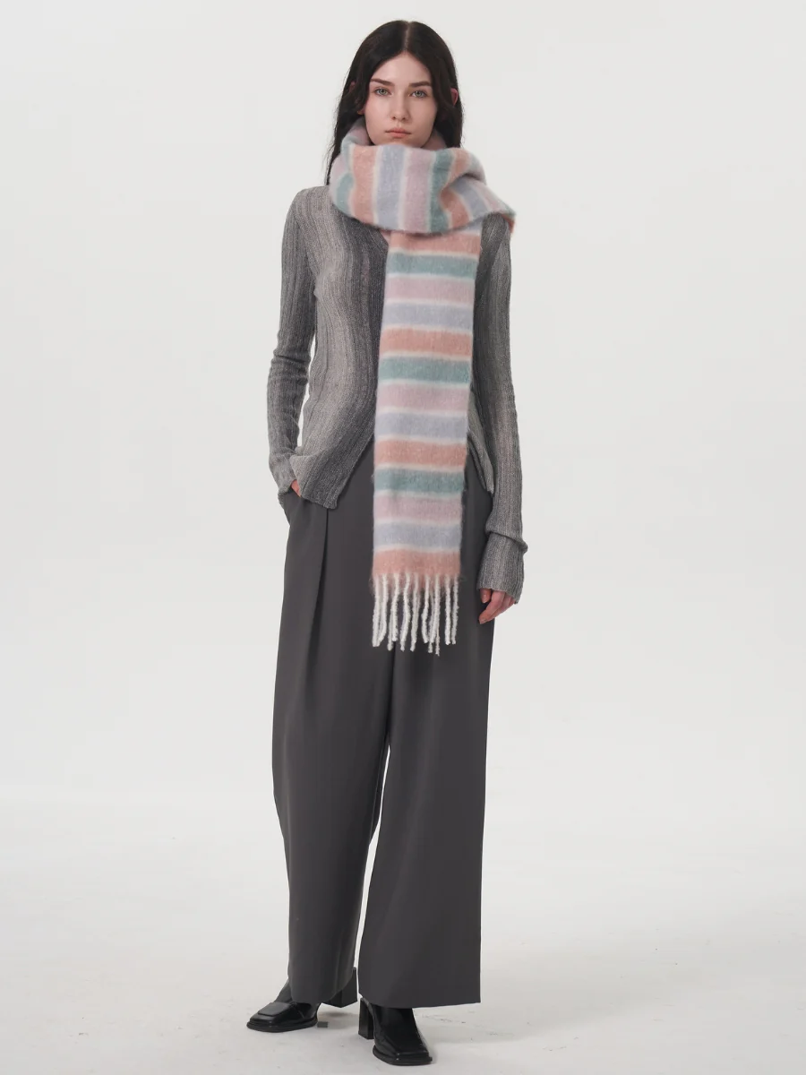 Dopamine Wool Blend Stripe Tassel Blanket Scarf - Pink - Image 9