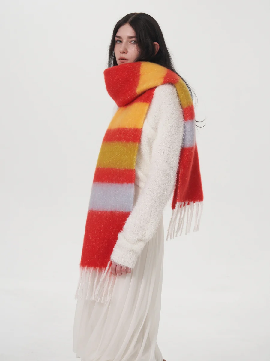 Dopamine Wool Blend Stripe Tassel Blanket Scarf - Red - Image 10