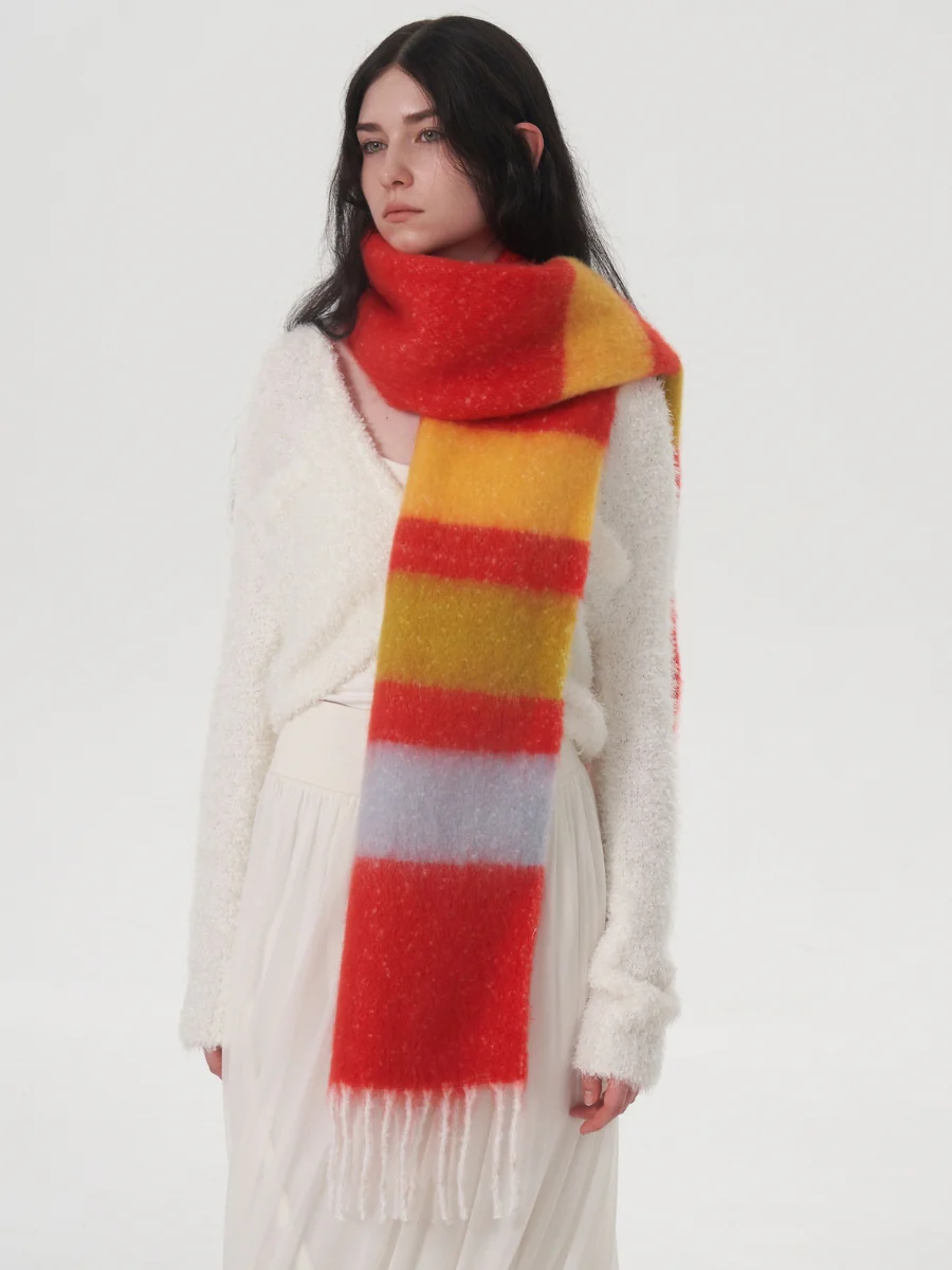Dopamine Wool Blend Stripe Tassel Blanket Scarf - Red - Image 11