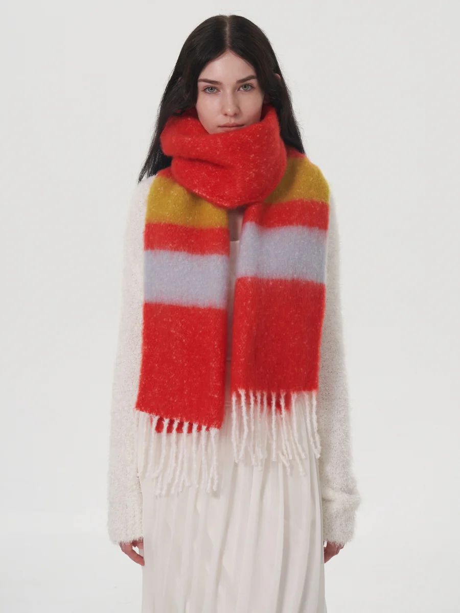 Dopamine Wool Blend Stripe Tassel Blanket Scarf - Red - Image 2