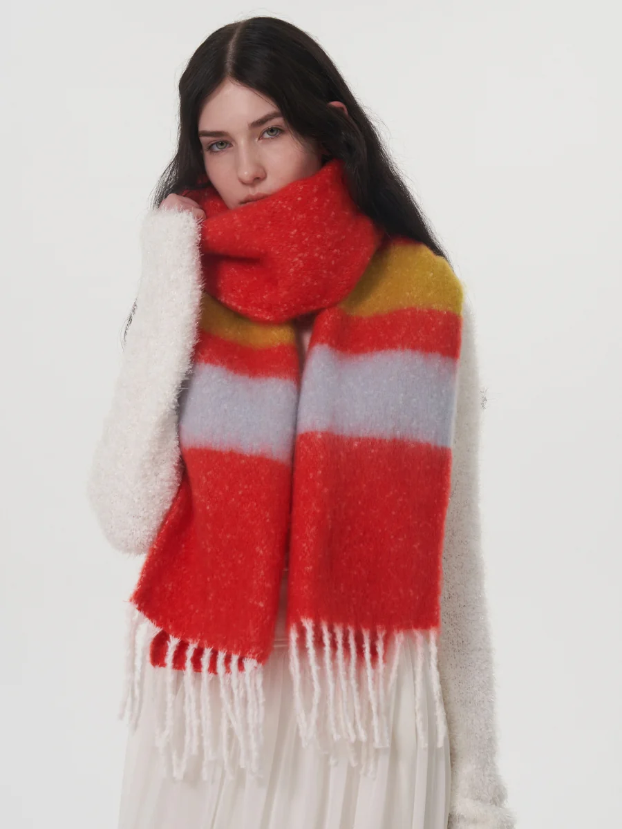 Dopamine Wool Blend Stripe Tassel Blanket Scarf - Red - Image 3