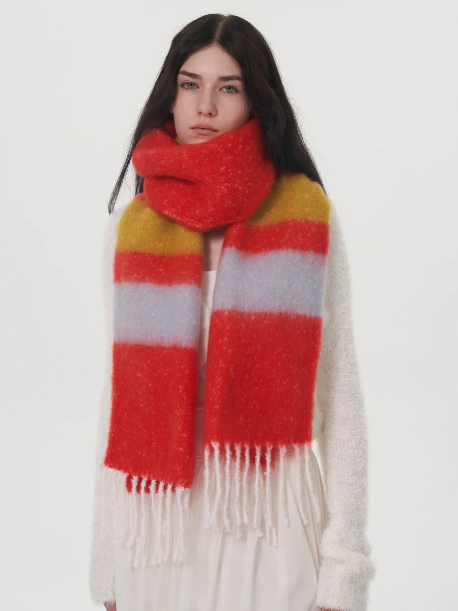 Dopamine Wool Blend Stripe Tassel Blanket Scarf - Red - Image 4