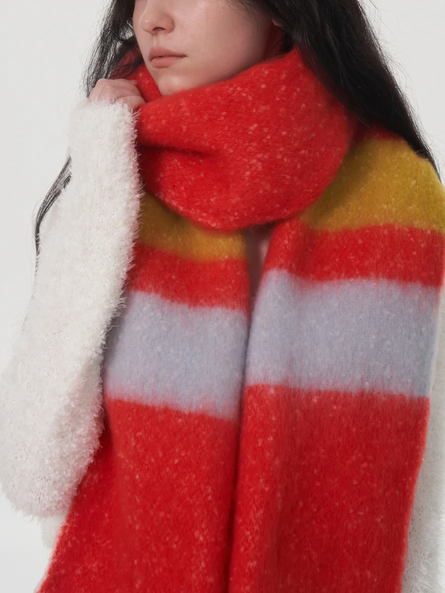 Dopamine Wool Blend Stripe Tassel Blanket Scarf - Red - Image 5