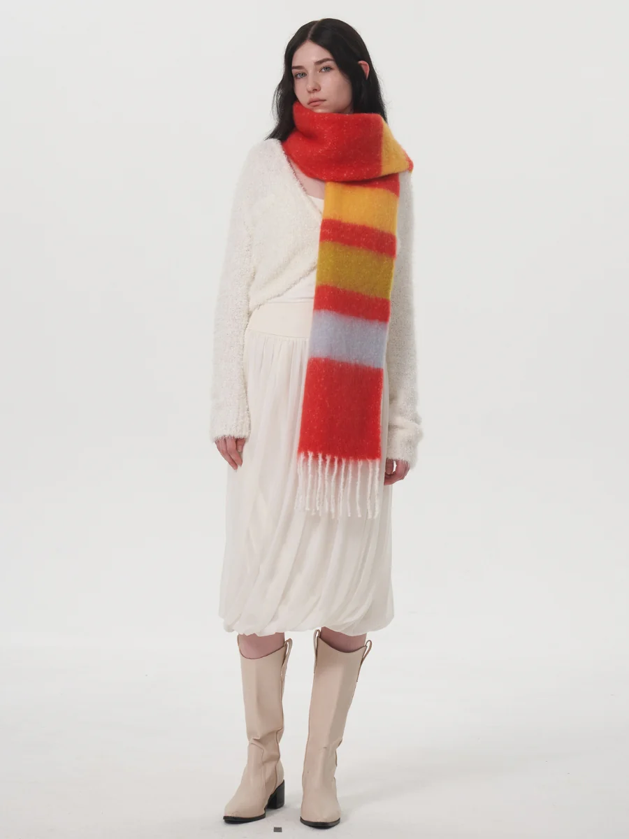 Dopamine Wool Blend Stripe Tassel Blanket Scarf - Red - Image 6