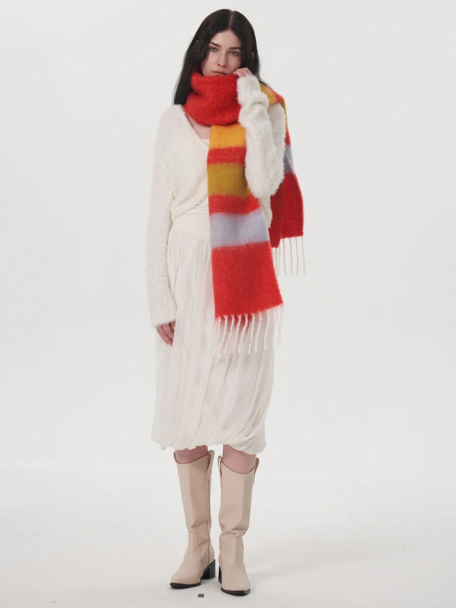 Dopamine Wool Blend Stripe Tassel Blanket Scarf - Red - Image 7