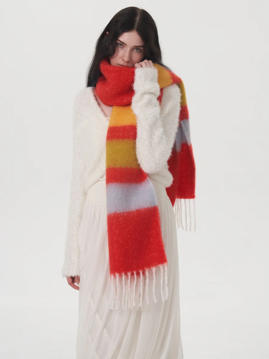 Dopamine Wool Blend Stripe Tassel Blanket Scarf - Red - Image 8
