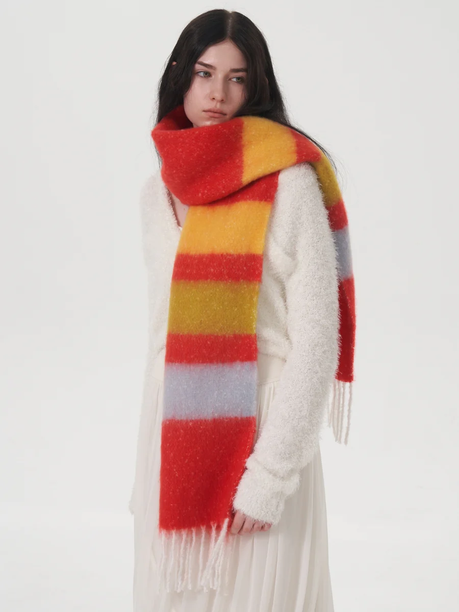 Dopamine Wool Blend Stripe Tassel Blanket Scarf - Red - Image 9