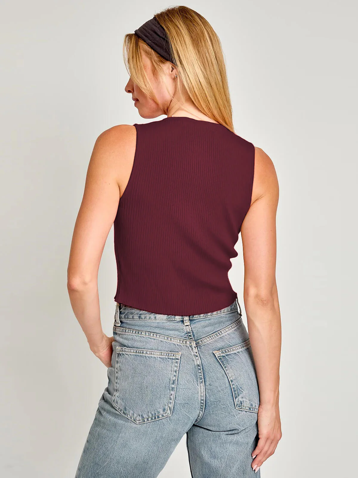 Downtime Sleeveless Front Bow Tie Tank - wine - Image 2
