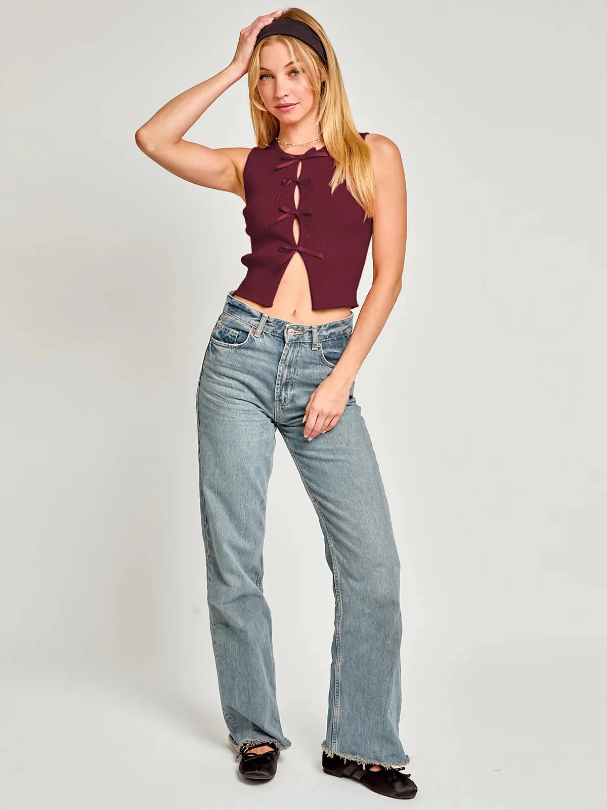 Downtime Sleeveless Front Bow Tie Tank - wine - Image 3