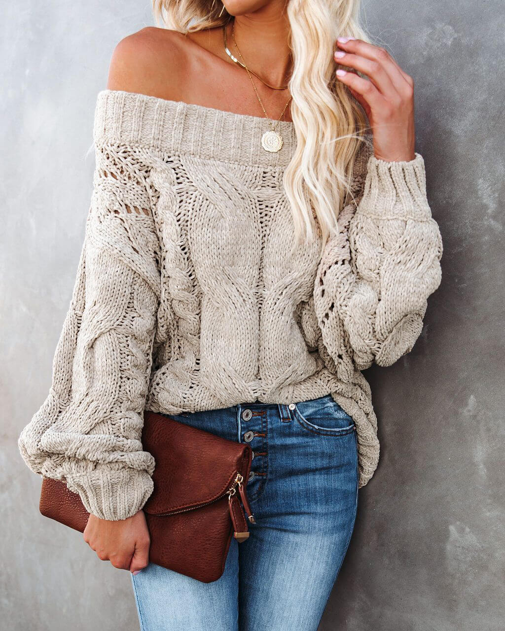 Dreamworld Off The Shoulder Pullover Sweater - Neutral - Image 3