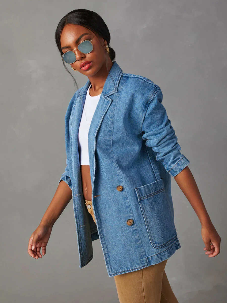 Dynever Pocketed Denim Blazer - Denim Blue - Image 3