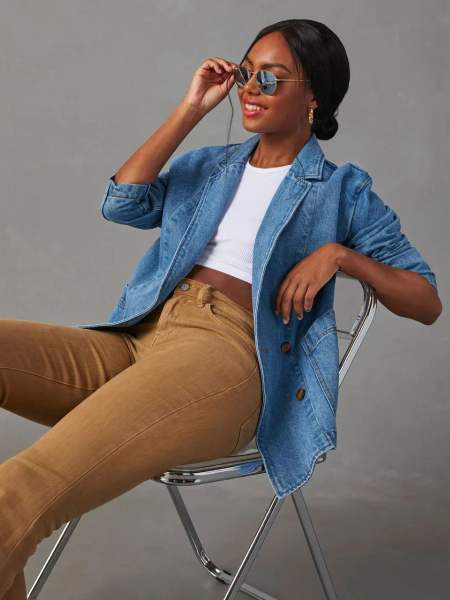 Dynever Pocketed Denim Blazer - Denim Blue - Image 4