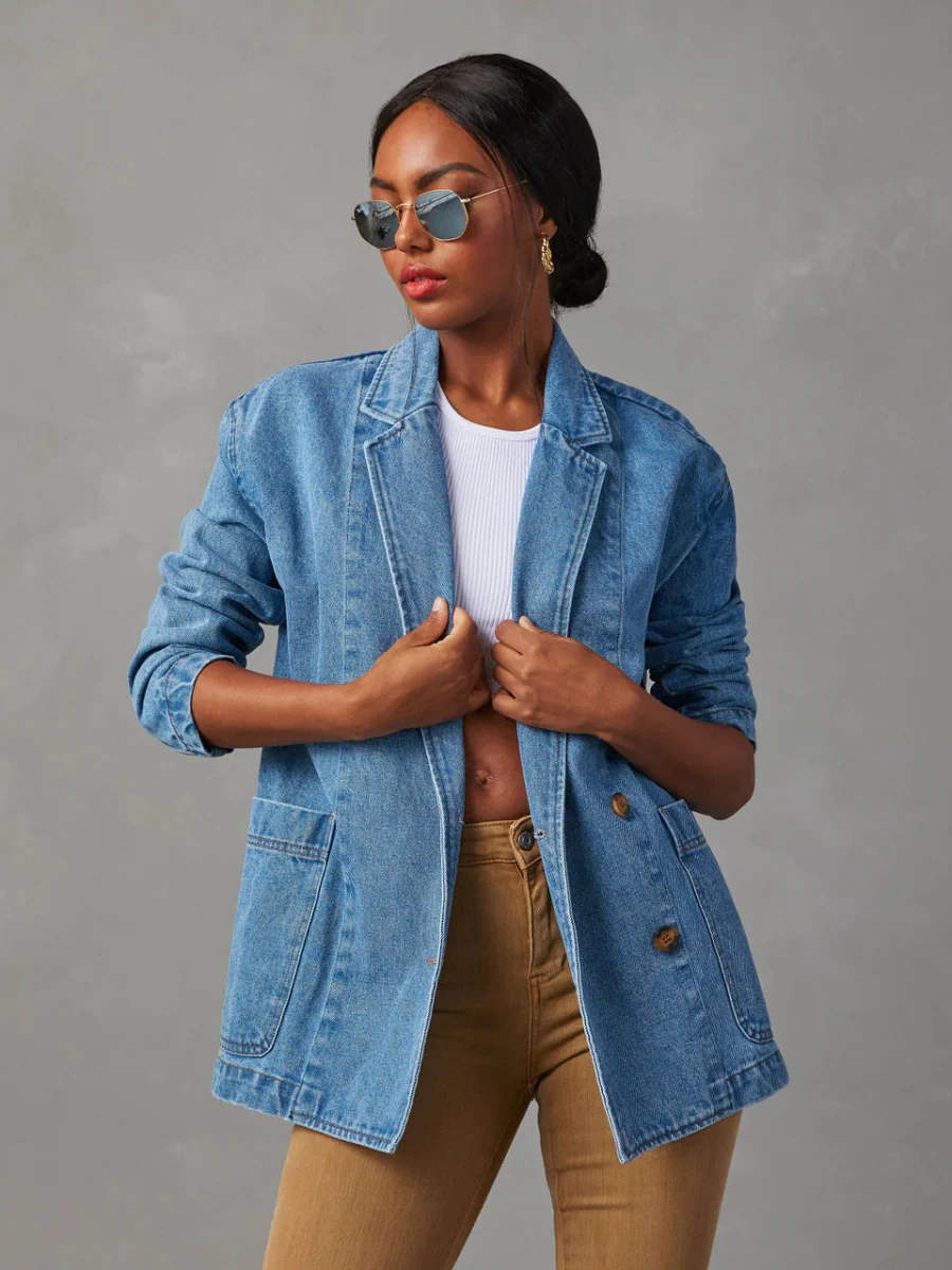 Dynever Pocketed Denim Blazer - Denim Blue - Image 6