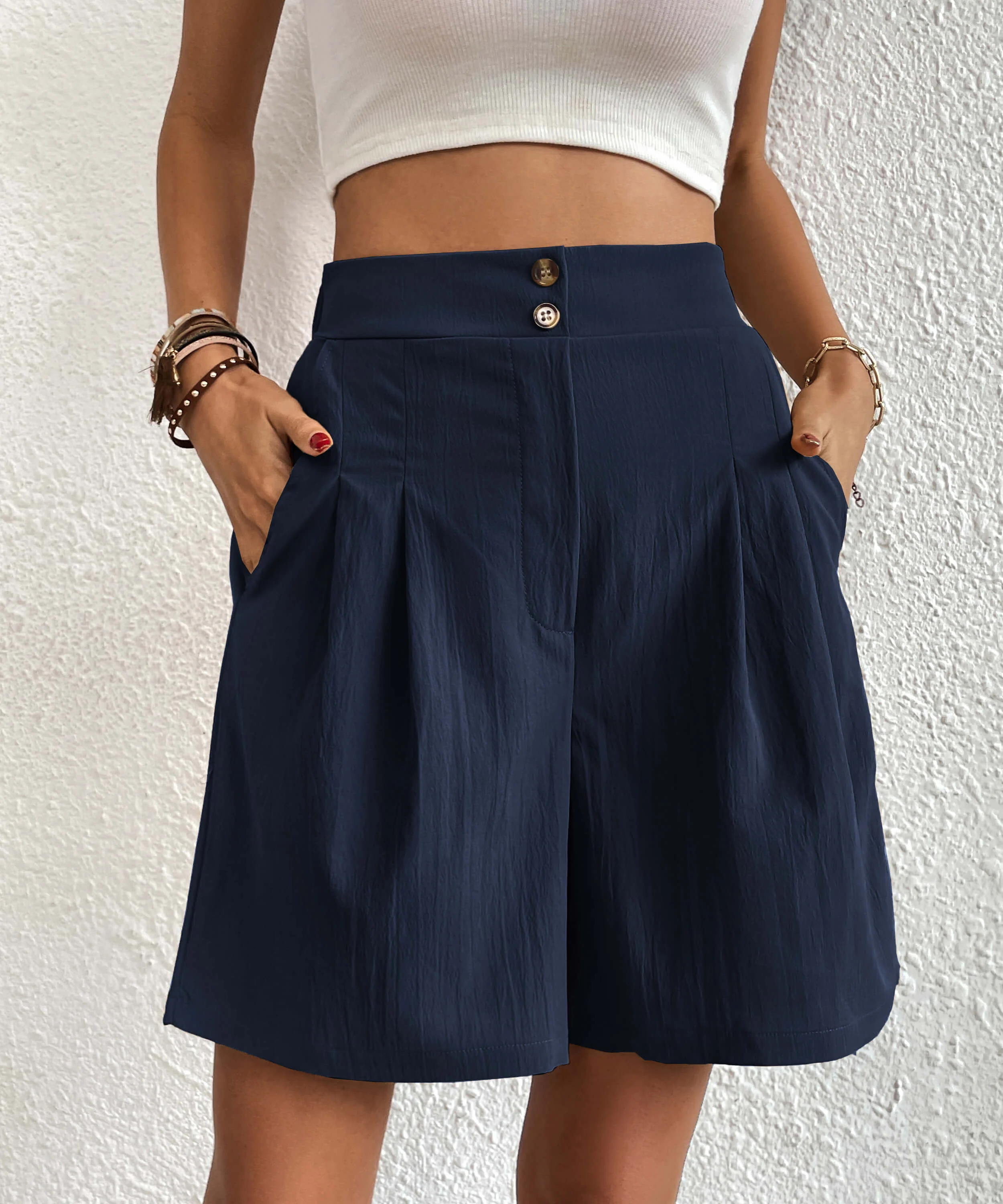 Eden Pocketed High Waist Shorts - Navy - Image 2